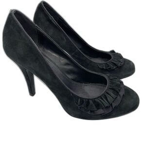 Aldo Black Suede Heels Ruffle Trim Size 7.5